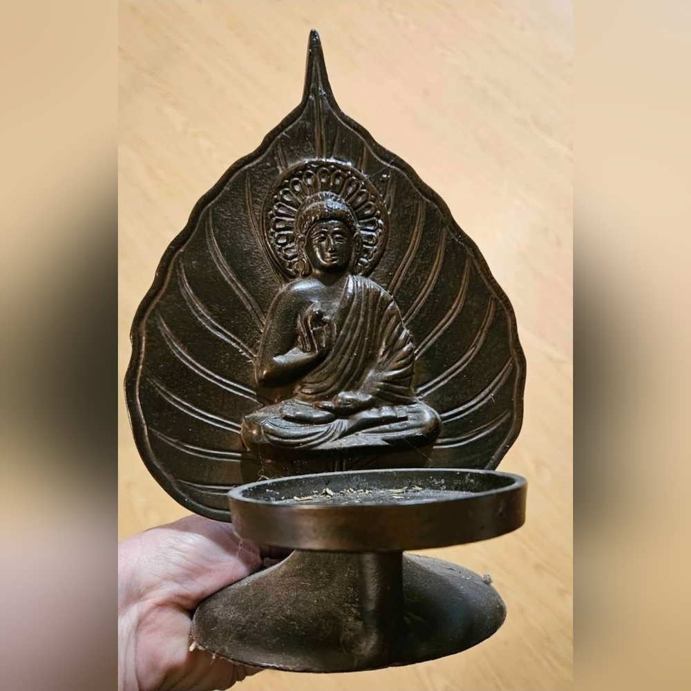 Buddha God on Leaf Antiqued Metal Table Top Candle Holder Heavy